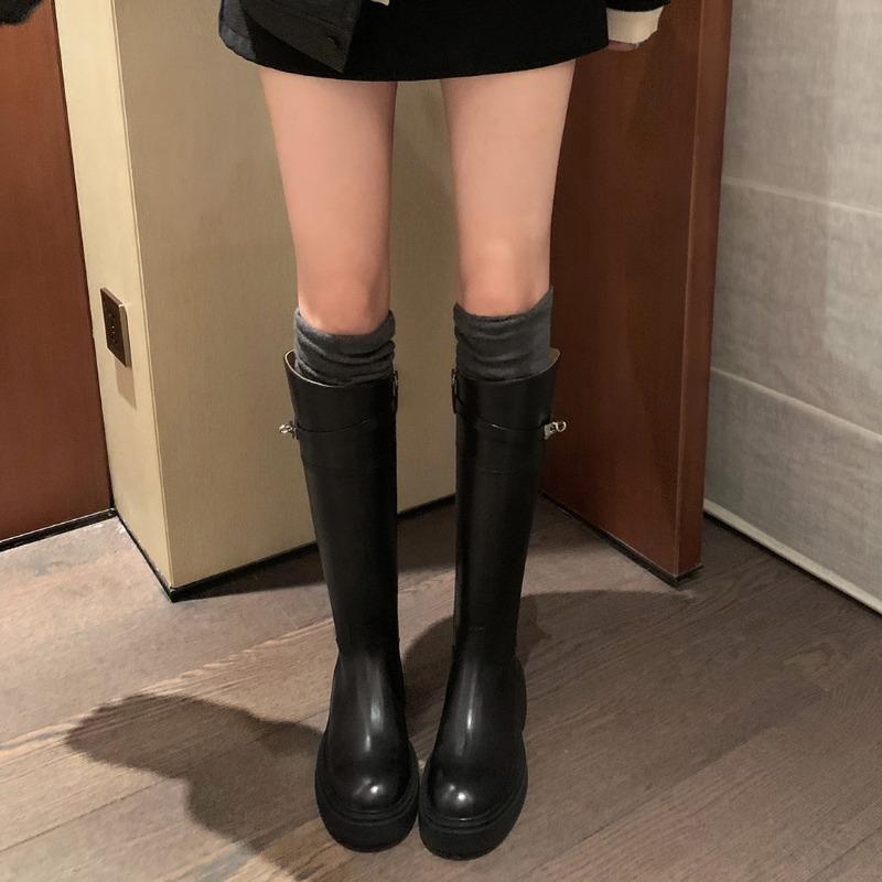 [] Like quality~ round head color matching lock thick heel medium and high boots knight boots women's boots