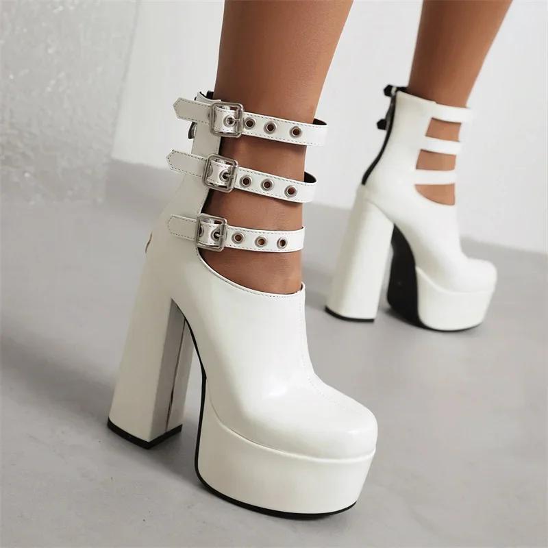 Gladiator Woman Platform Ankle Boots Triple Ankle Strap High Chunky Heel Fashion Red Patent Leather Punk Lady Zipper Short Boots