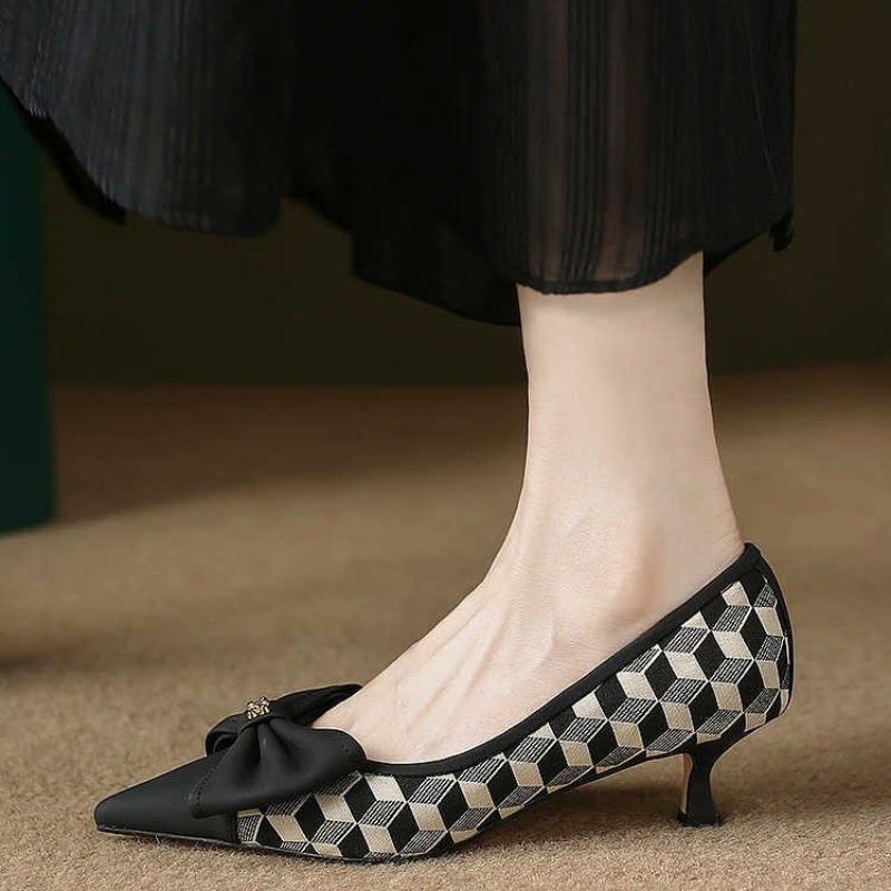Women's Fashion Chic Plaid Glod Metal Flats Shoes New Low Heel Women Bow Knot Toe Pointed Toes Slip on Shoe Female Party Dress