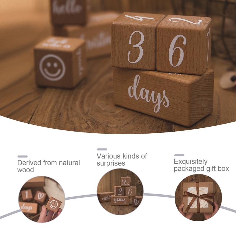 6pcs/1Set Baby Month Milestone Card Beech Block Square Engraved Newborn Birth Month Birthday Milestones Block Photography Props