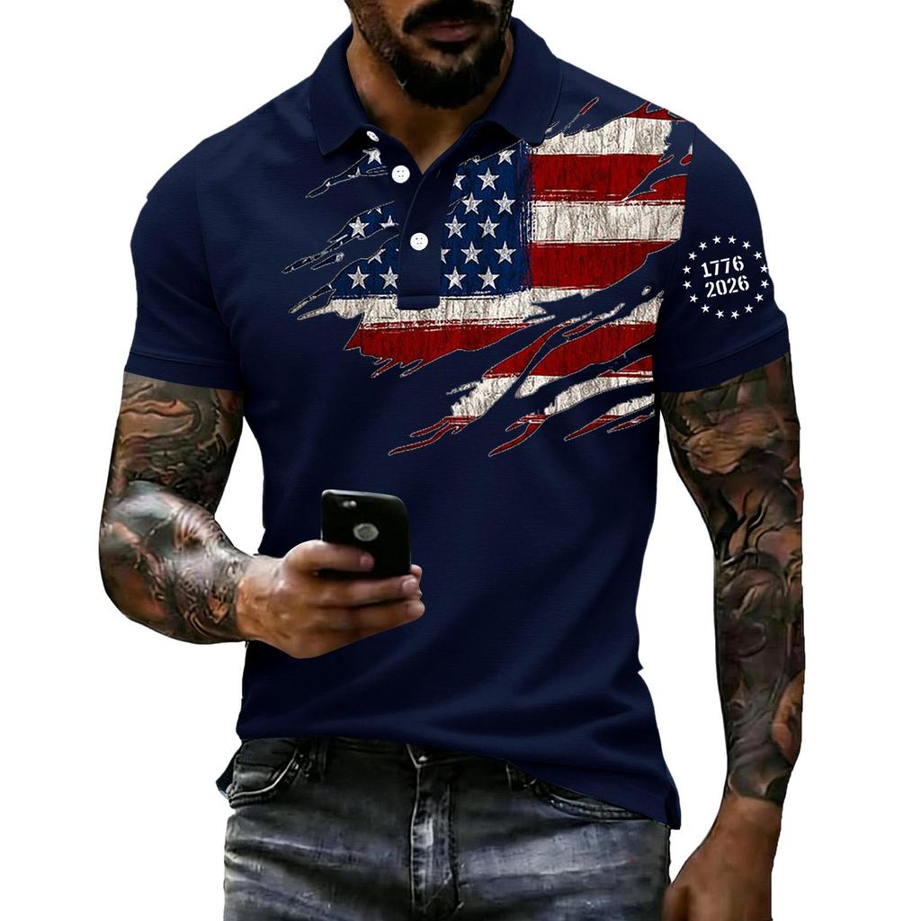 Men Loose Fit Casual Polo Shirt Short Sleeve with Flag Print Lapel Collar Comfortable Breathable Fabric
