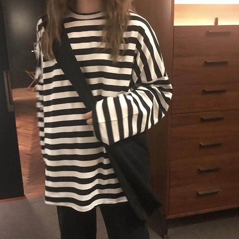 Autumn New Harajuku Style Ins Black And White Stripe Early Autumn Loose Long Sleeved T-Shirt Schoolgirl Top