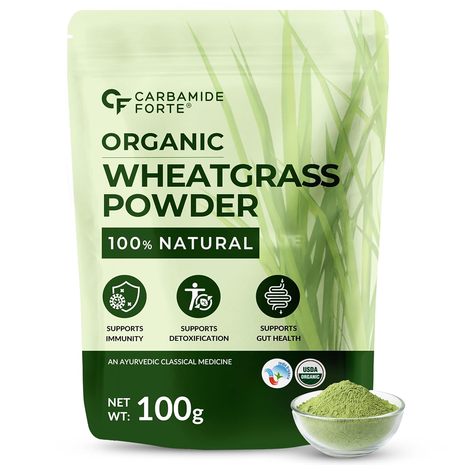 Carbamide Forte 100% Natural Organic Wheatgrass Powder 100g | Pure Wheat Grass Juice Powder