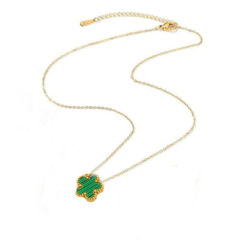 Collier en Acier Inoxydable Plaqué Or 14K Femme Cinq Pétales de Feuille Colliers Double Face pour Femmes Pendentif Fleur Trèfle Bijoux