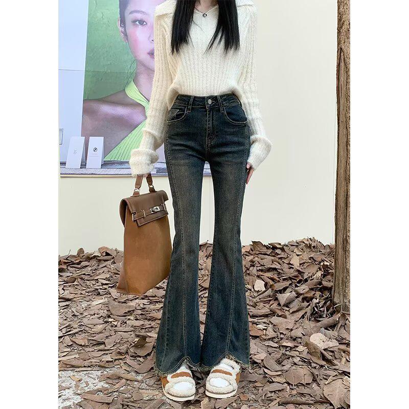 

Женские джинсы микроклеш с высокой посадкой - Ретро эластичные маленького и большого размера, длиной до пола для весны и осени 3XL: Height 155-165CM (150-165 lbs)