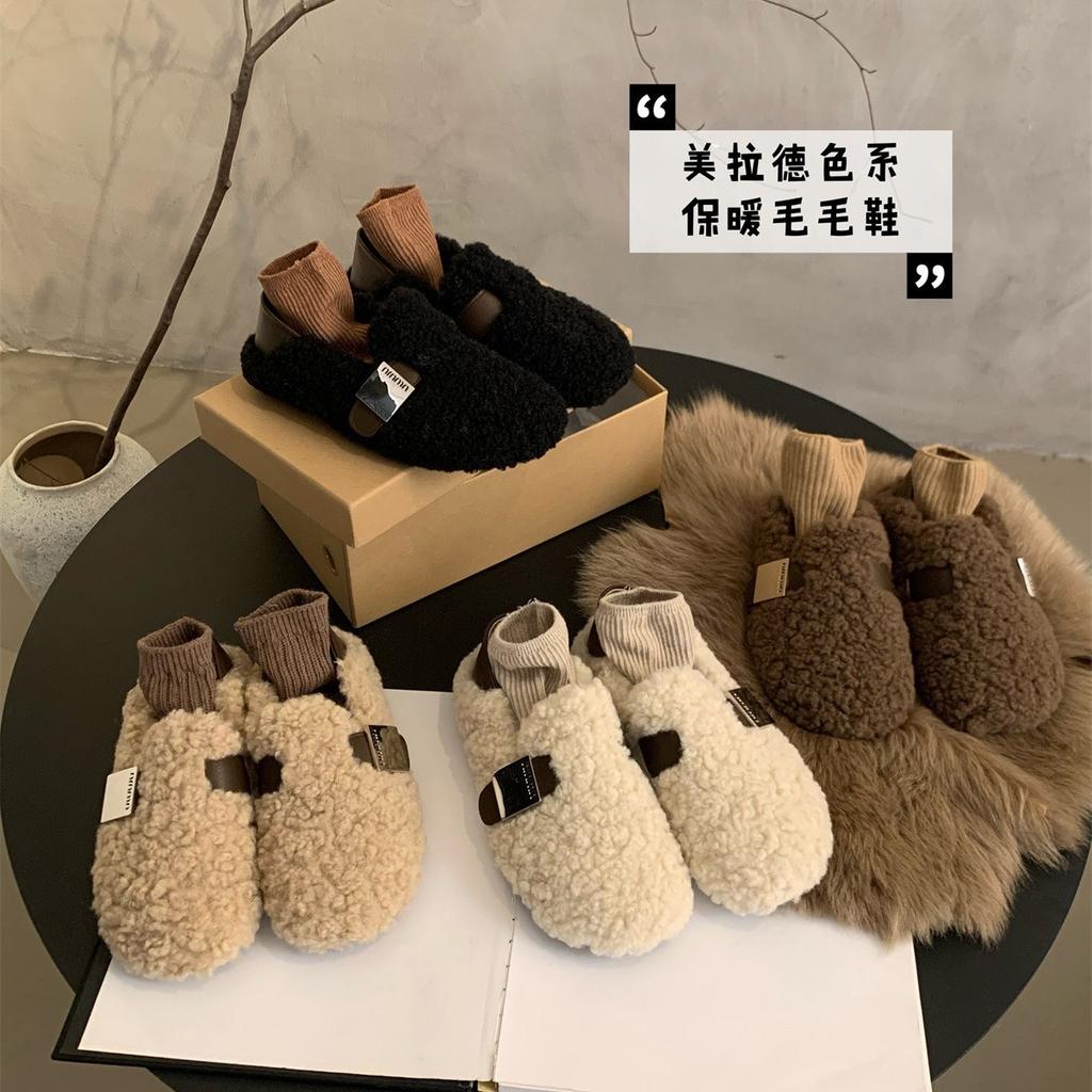 Lamb wool shoes women's winter wear 2025 new Korean version retro flat one-pedal bean shoes women's velvet cotton shoes