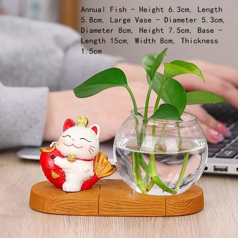 Zhaocai Cat Hydroponic Creative Vase Utensils Vase Living Room Office Desktop Decoration Zhaocai Cat Green Rose Hydroponic