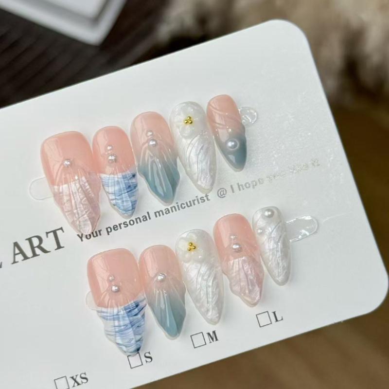 10Pcs Handmade Peach Blue Gradient Fake Nails with 3D Flower & Pearl Accents XS