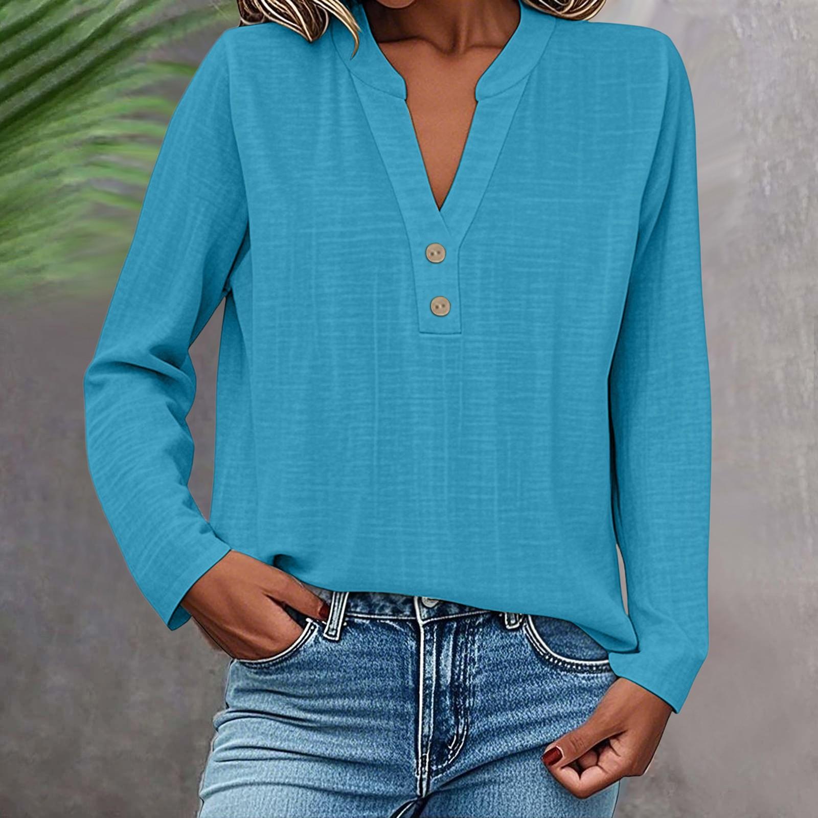 

Long Sleeve Linen Tops For Women Loose Fit V Neck Button Down Shirts Cute Summer Beach Tee Shirts L синий