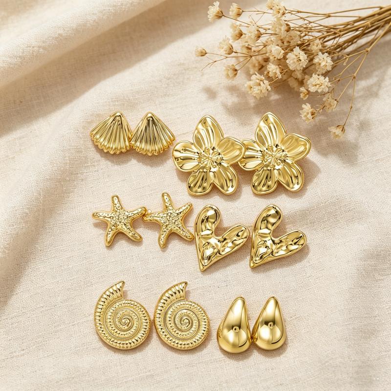 6Pairs Boho Gold Ocean Earrings Set for Women Shell Starfish Flower Heart Studs Summer Beach Party Daily Wear Jewelry Gift