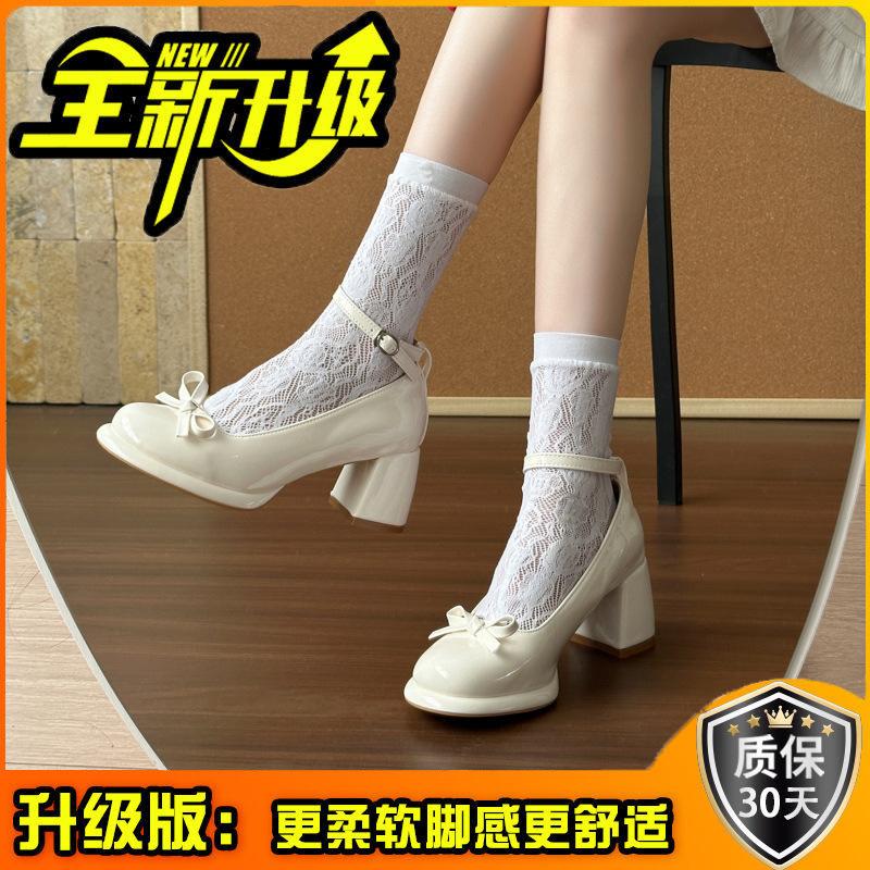 Single shoes high heels bow lace single shoes women's summer sweet platform leather shoes Lolita thick heel Mary Jane shoes