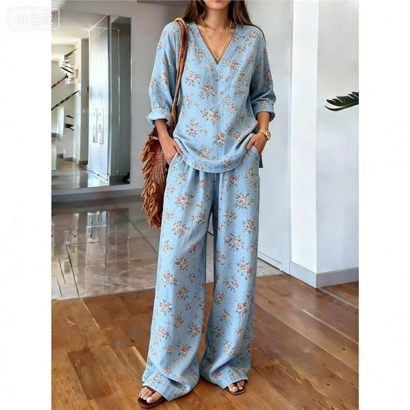 1D New Vacation Casual Suit Women's Bohemian Printed Cotton and Linen Shirt Wide Leg Pants Two-piece Set