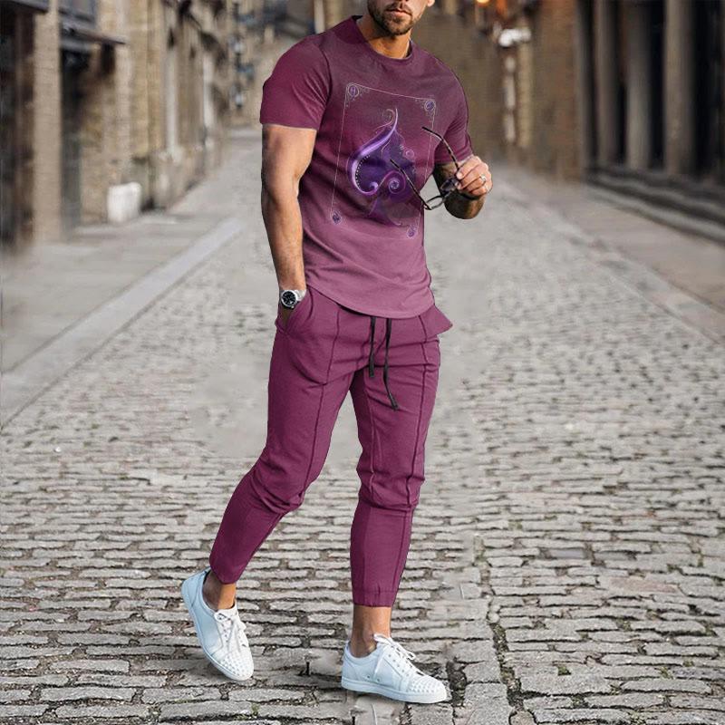 Men's Summer Sets Gradient Colortrend Short Sleeve T Shirt Trousers 2pcs Suits 3d Print Retro Style O Neck Clothing Streetwear