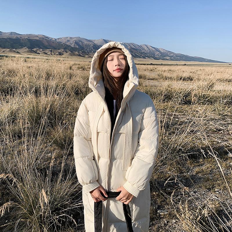 White Eiderdown Down Jacket Women's Extended Knee-length New Autumn and Winter Loose Hooded Down Jacket