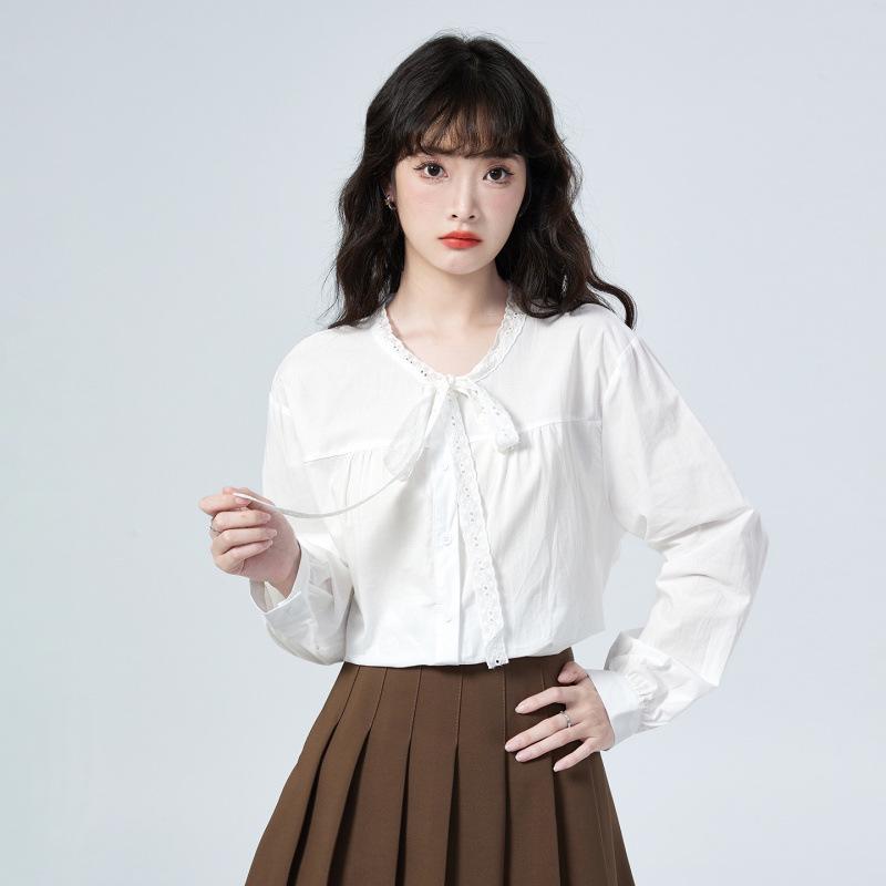 2026 Spring Lace Tie Loose Collar Long Sleeve Women's Shirt