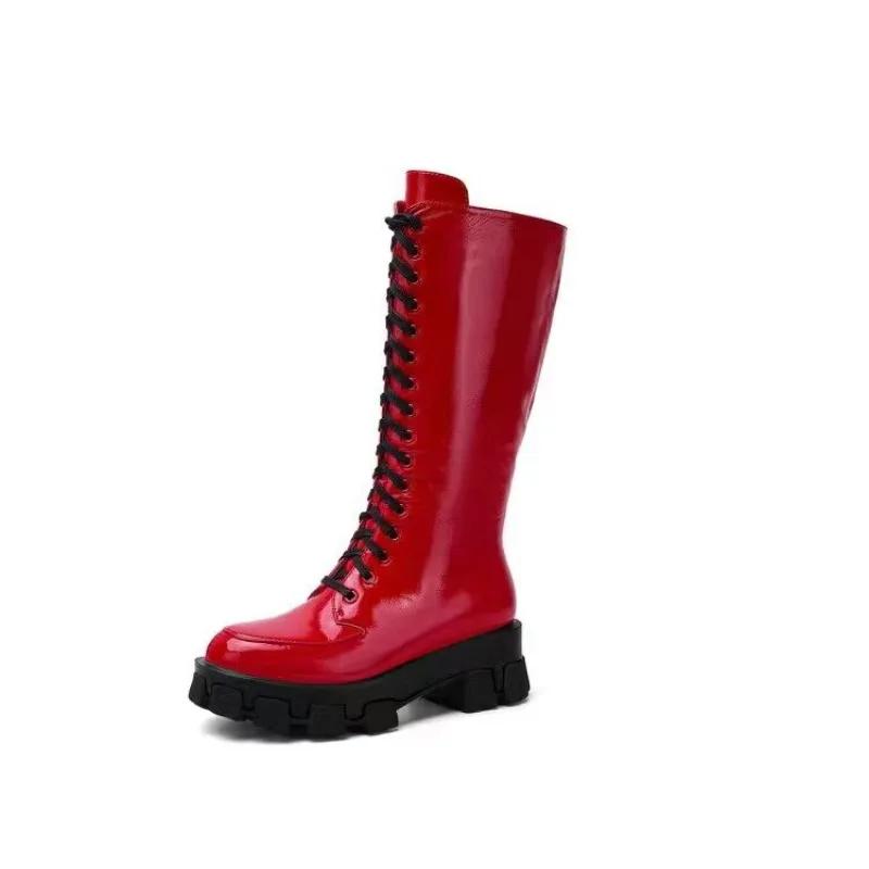 Mode Neue Schwarze Rote Kreuzriemen Dicke Sohle Höhenvergrößernde Lange Stiefel Herbst Winter Mode Plüsch Warm Damen Kniehohe Stiefel 34-43