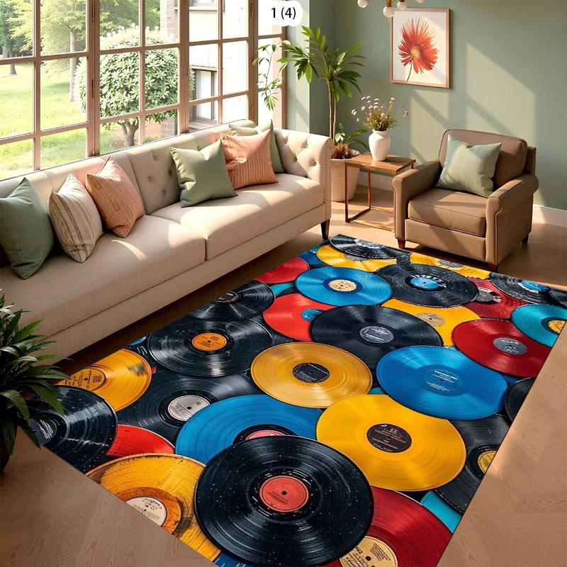 

Vintage Worn Vinyl Record Rug Grunge Red & Black NonSlip Easy Clean Artistic Decor Carpet for Living Room Man Cave & Music Room 40X60cm