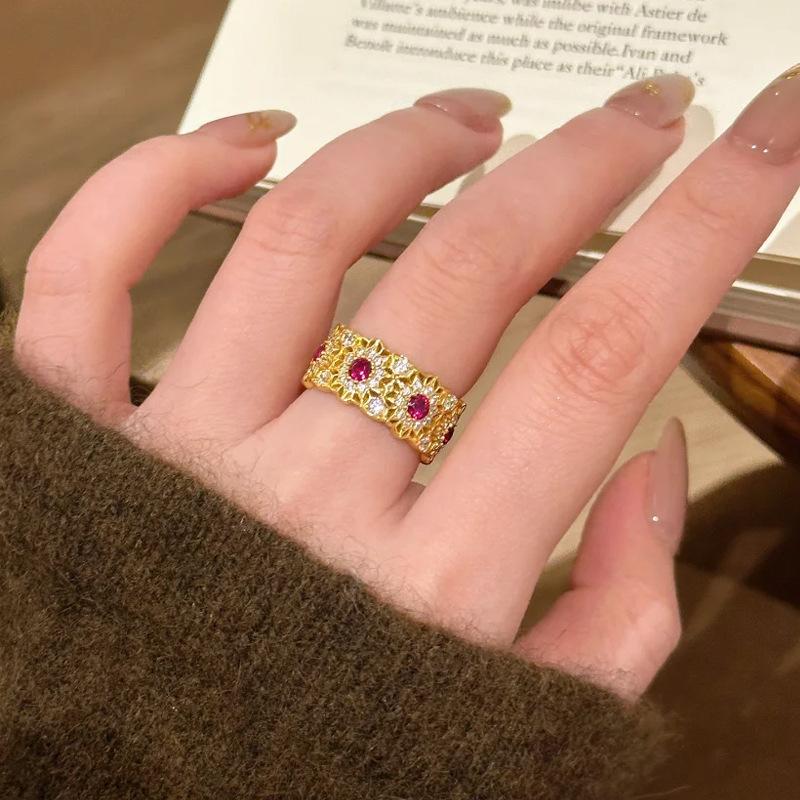 Luxury 9999 24K Real Gold Diamond Rose Ring Handmade Diamond Zircon Ring Pair Ring Jewelry