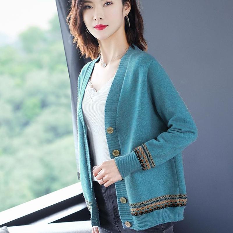Women's Knitted Sweater Spring and Autumn Models V-neck Colour Blocking Long-sleeved Ethnic Wind Cardigan Jacket Jumper Ladies Tops