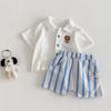 Korean Style Summer Boys' Breathable Patch Shirt & Striped Shorts Set (2026)