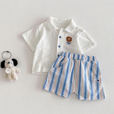 Korean Style Summer Boys' Breathable Patch Shirt & Striped Shorts Set (2026)