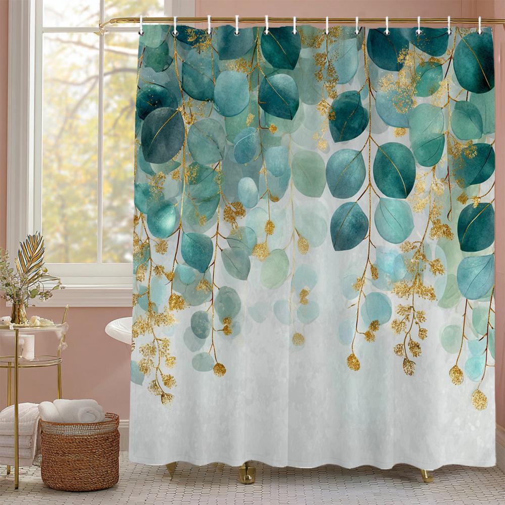 Eucalyptus Leaf Shower Curtain, Bathroom Decorative Shower Curtain, Waterproof Shower Curtain with Hooks
