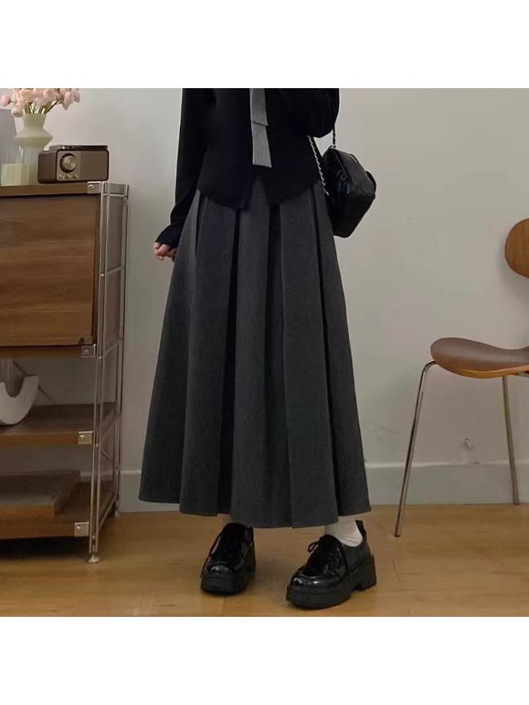 Gray Korean-Style High-Waisted Pleated Midi Skirt for Petite Women: Spring/Autumn A-Line Umbrella Design
