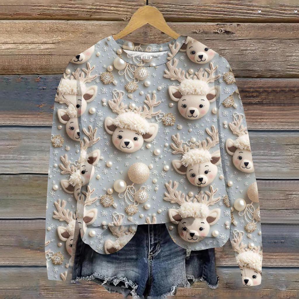 Damen Casual Fashion Weihnachtsdruck Langarm O-Ausschnitt Pullover Top Bluse