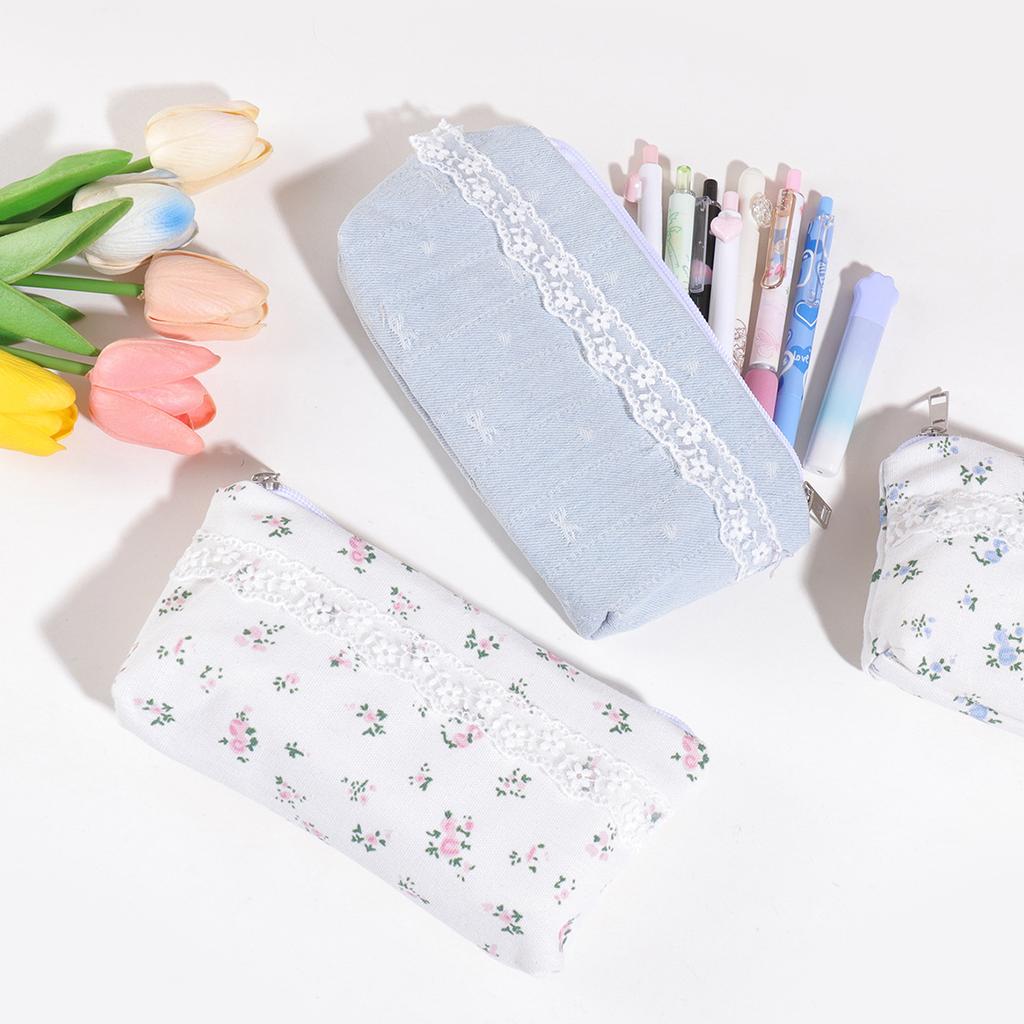 Floral Lace-edged Pencil Case Student Stationery Portable Storage Bag School Supplies Large Capacity Pen Box Student Organizer
