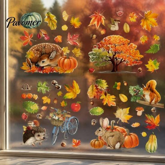 Maple Leaf Window Stickers for Home 9PCS Autumn Forest Animal Clings, Thanksgiving Pumpkin Stickers, Clings Kids Removable Decals Coffee Shop