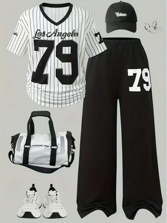 

Women s Two-Piece Set: Casual V-Neck T-Shirt & Straight-Leg Pants with Digital English Stripe Pattern 2XL чорний/білий
