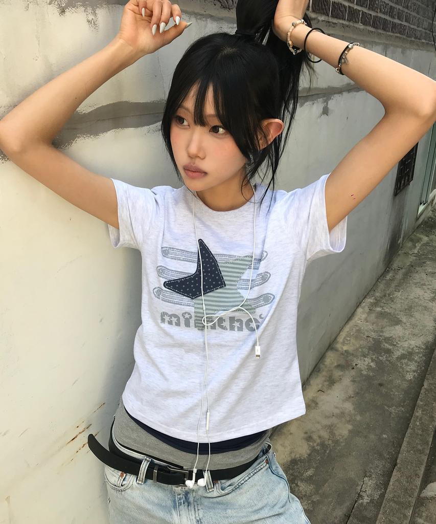 Mimdeowodeulobeu Napoleon Star Crop Patch T-Shirt_Light Gray