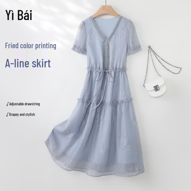 Yibai 2026 Summer Women s Adjustable Drawstring Waist Mid-length Dress M