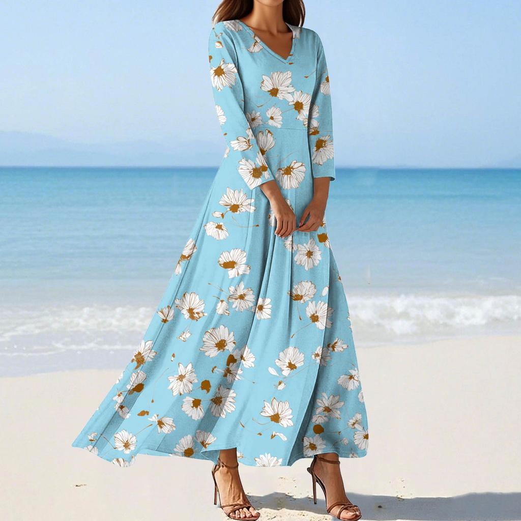 Women's Fashion V-Neck Floating Beach Dresses Seven Sleeve Floral Printed Dresses