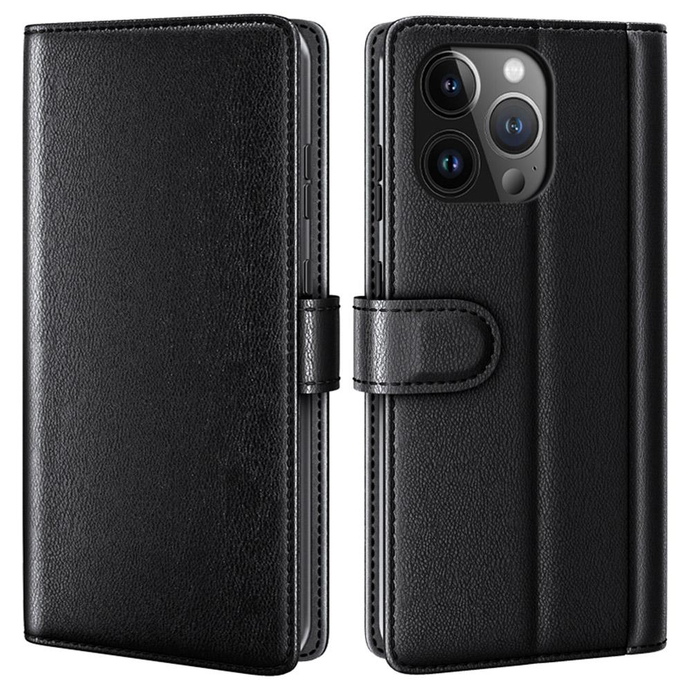 For iPhone 15 Pro Max Stand Cases Calf Texture Genuine Split Leather Wallet Phone Cover