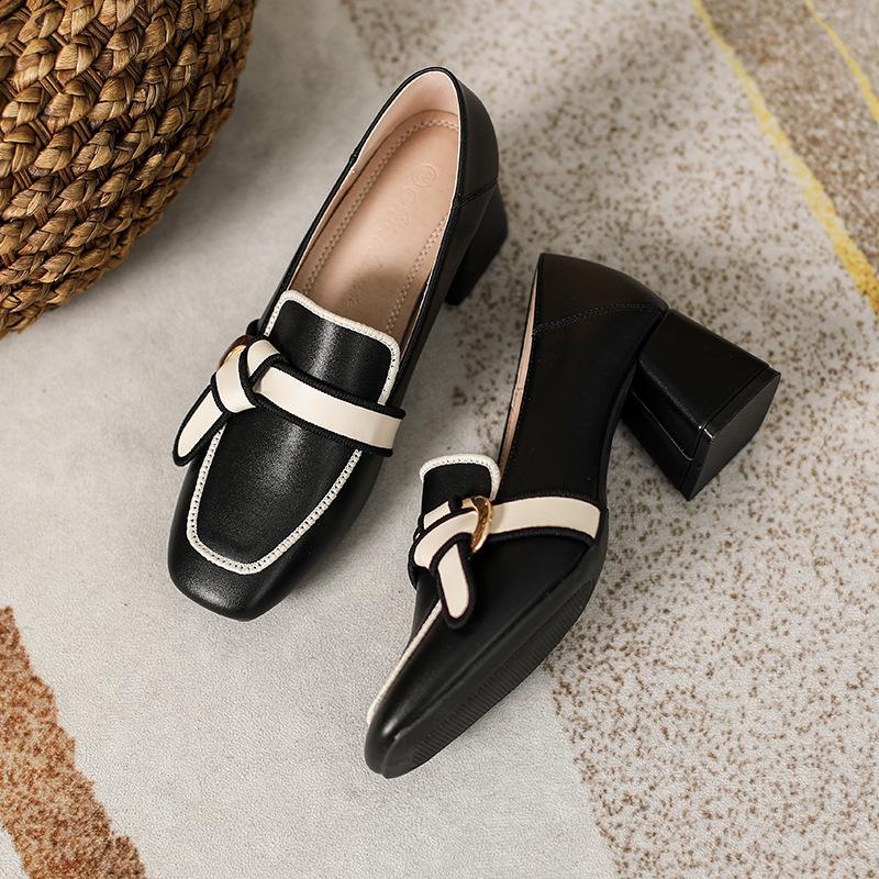 

One-pedal lazy single shoes women s summer bow women s shoes new square head small leather shoes thick heel single shoes summer versatile 40 чорний