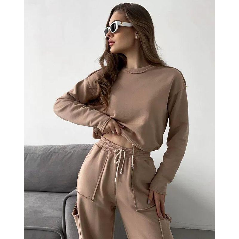 

Мода Новинка Мода Повседневный Свободный Свитшот с круглым вырезом Брюки Костюм Повседневный Комплект из топа и брюк Khaki M
