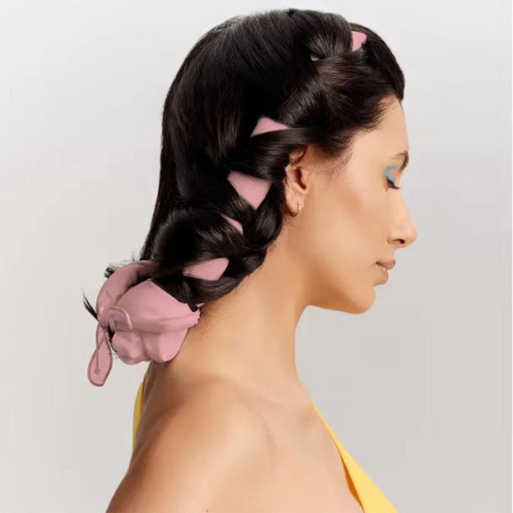 Heatless Curling Rod Headband with Tail Rope Soft Rubber Prevent Damage DIY Hair Curls Roller for Sleeping Pink