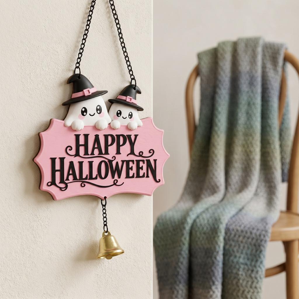 Halloween Decorative Hanging Sign Cute Ghost Skull Hanging Plaque Cute Halloween Sign Cartoon Bell Hanging Wooden Sign For Shop