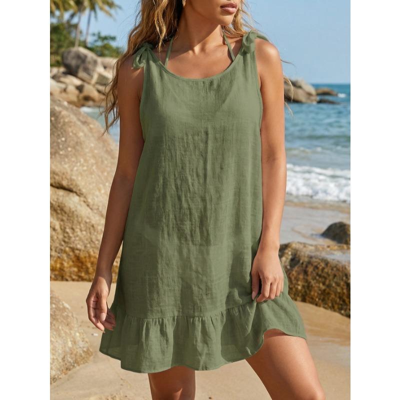 Fashion See Through Beach Cover Up Short Dress V Neck Backless Sexy Elegant Sheer Sleeveless Seaside Dresses Solid Color Lace-up Clothing