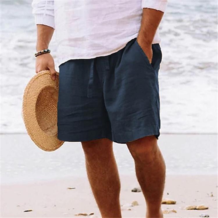Men's Shorts Cotton Linen Summer Drawstring Elastic Waist Straight Leg Solid Colour Comfortable Breathable Short Daily Beach