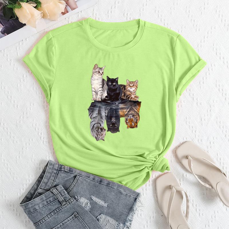 Summer Women's Three Cat Printed Loose Round Neck Casual Cotton Short Sleeves T-Shirts Women's