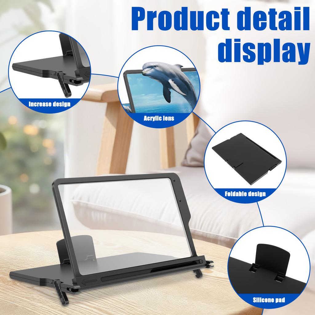 10/12 Inch Smartphone Screen Magnifier Adjustable Height Portable 3D HD Cell Phone Screen Amplifier for Travel Phone Home Office