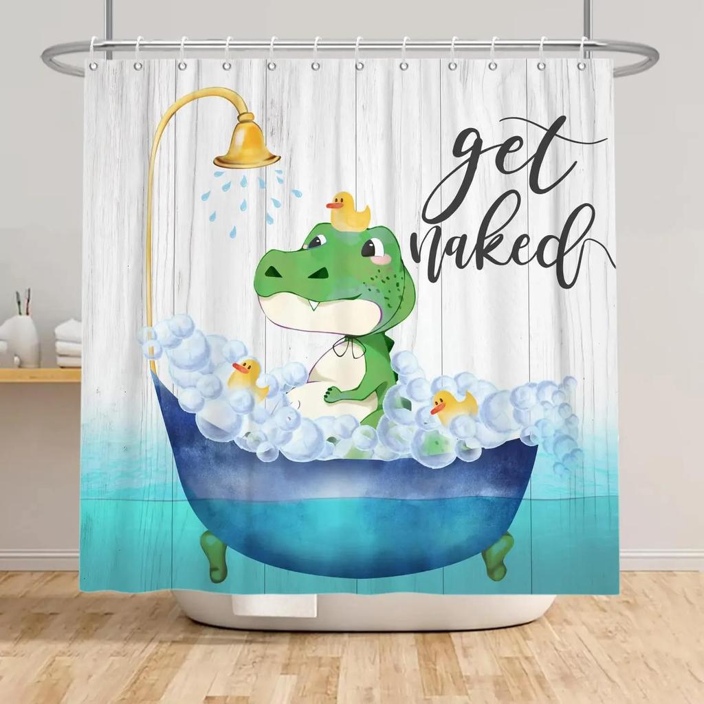 Cartoon Style Animal Shower Curtain Funny Crocodile Kids Shower Curtain Waterproof Fabric Bathroom Decor Screen with Hooks
