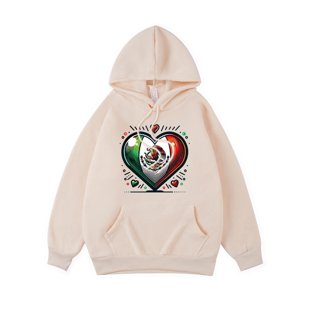 Mexico Eagle Heart Printing Hoodies Womens Winter Fleece Warm Hooded Casual Pocket Sweatshirt Street Loose Womans