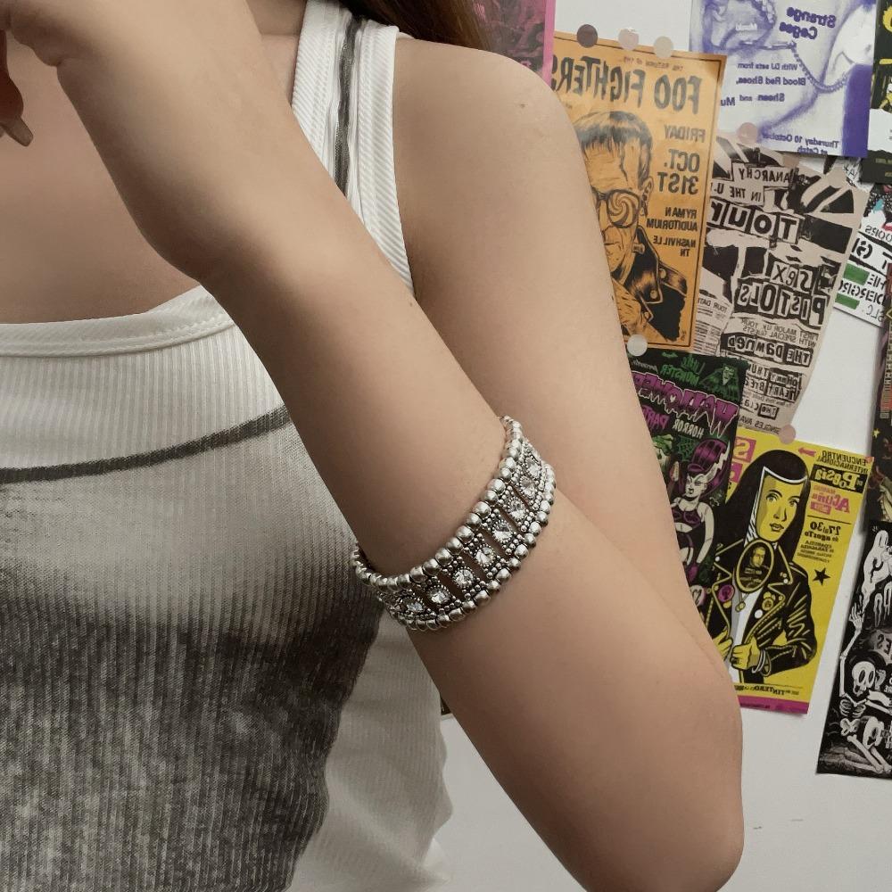 Retro Luxury Sliver Geometric Double Row Super Sparkling Rhinestone Wide Bracelets for Women Girl Y2K Jewelry Gifts