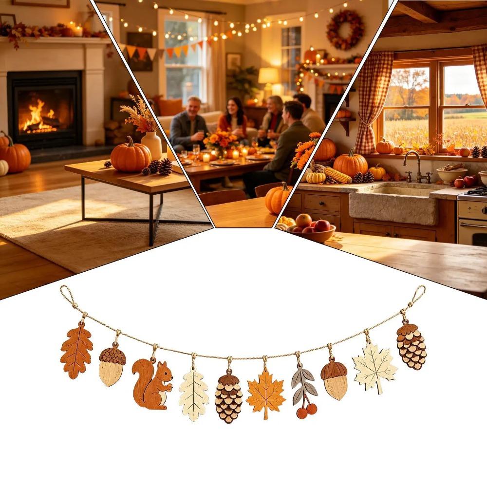 Wood Hanging Banner Decors Cutout Pendants Fall Wooden Garland  For Thanksgiving Decor