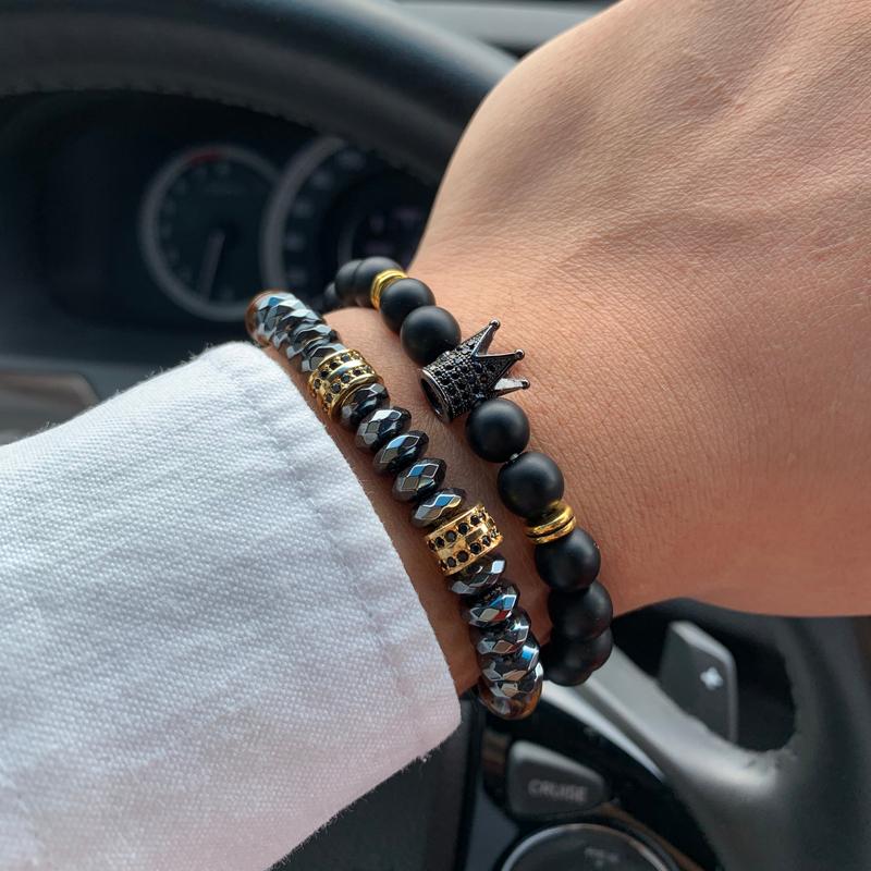 Bracelet classique en tube de lion pour hommes, 2 pièces/ensemble, pavé de zircons cubiques, perle mate de luxe, bracelet en pierre d'œil de tigre pour hommes, bijoux cadeau