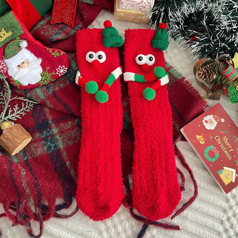 Cute Cartoon Christmas Gift Coral Fleece Mid Tube Socks Christmas Socks Children Funny Big Eyes Holding Hands Socks