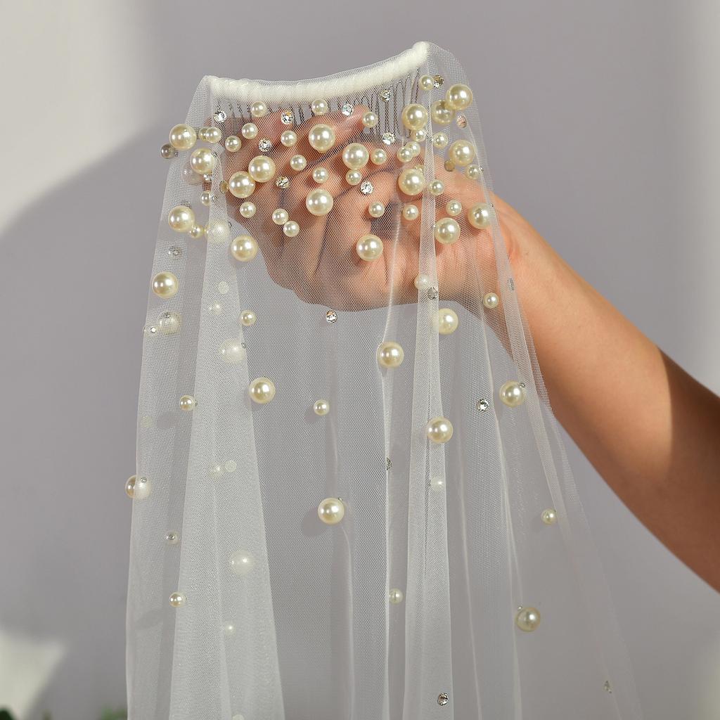Seethrough Sheer Bridal Veils with Pearls Rhinestones Beadwork Chapel Veils for Wedding Ceremony Gathering Bride Essential